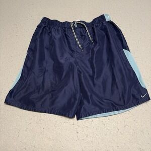 Nike Swim Trunks Men's 2XL Navy Light Blue Mesh Lined Drawstring Swoosh